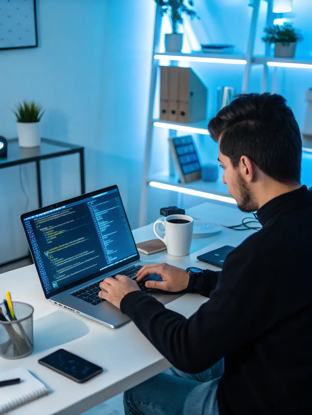 A developer engrossed in a workshop session, hands-on with the latest technology, surrounded by other participants and an instructor.