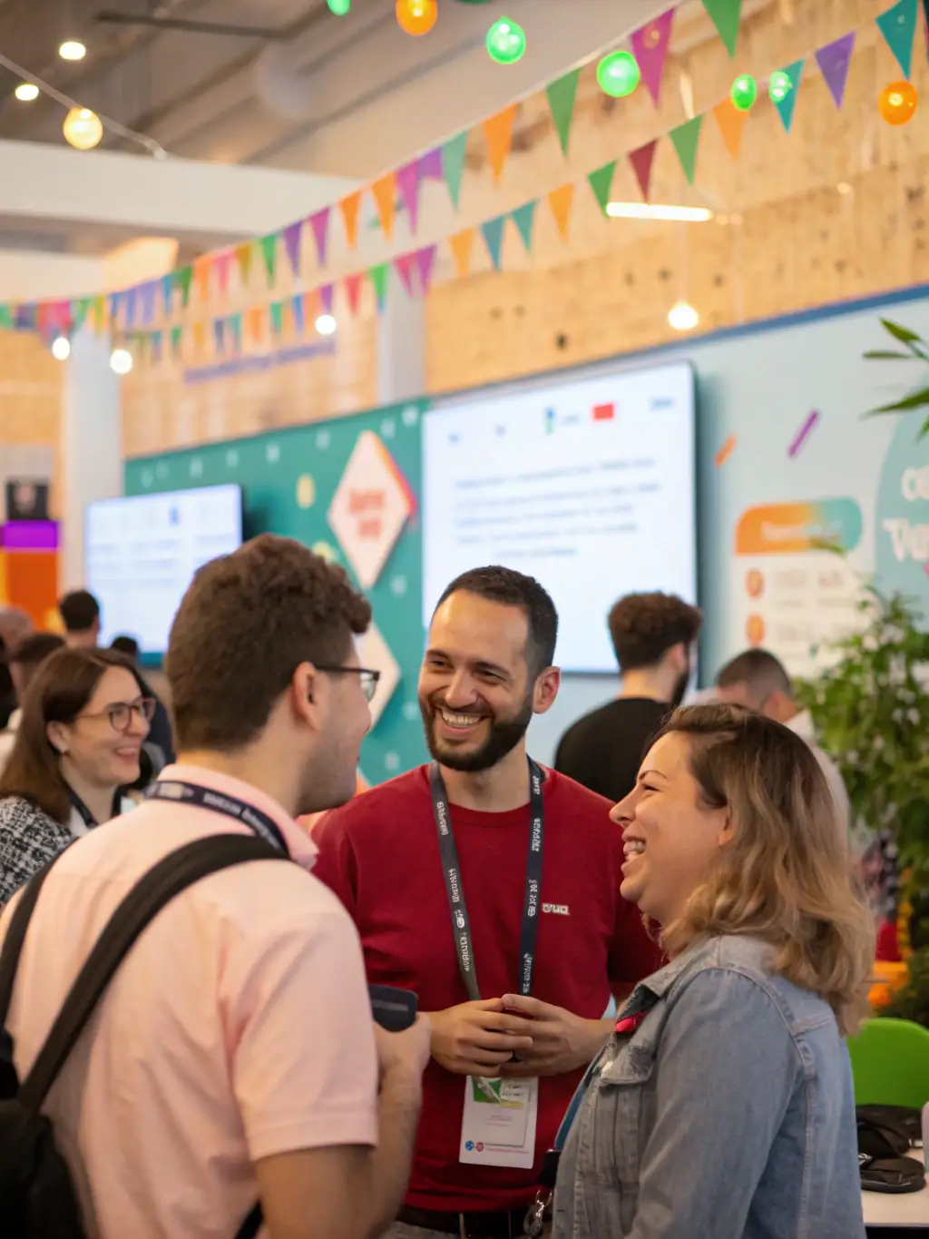 A diverse group of developers networking at a conference, exchanging business cards and engaging in conversation, set against a backdrop of conference banners and sponsor logos.