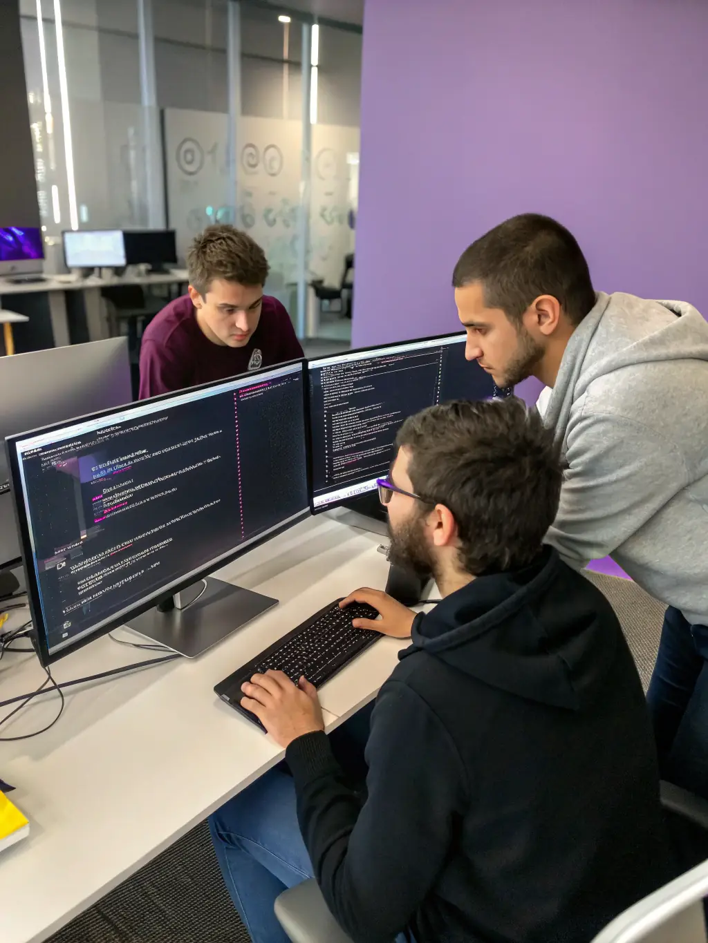A group of developers collaborating on a project during a hackathon at a meetup, showcasing teamwork and innovation.